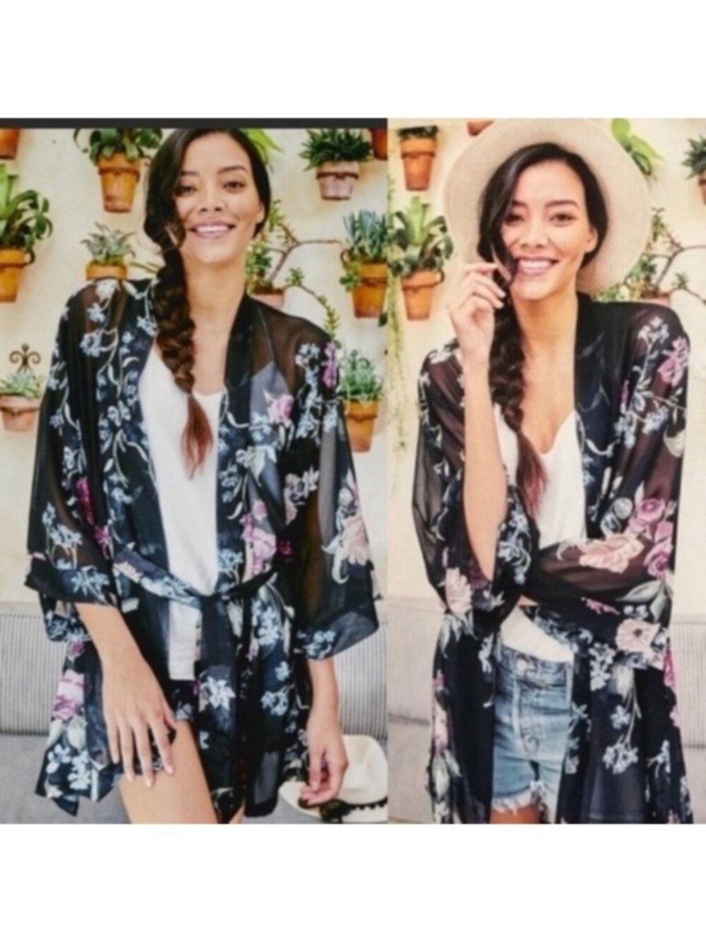 Helena Quinn Sheer Dark Floral Robe Kimono Swim Cover Up One Size MSRP $155